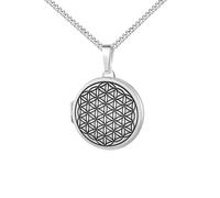 Kette mit Medaillon Silber 925 rund mit geschwärzter Ornamentverzierung "Blume des Lebens" Amulett Anhänger für 2 Bilder zum Öffnen. Mit Panzerkette 925 Silber - Kettenlänge 60 cm.