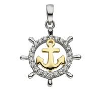 Kettenanhänger JOBO "Anhänger Steuerrad mit Anker 18 mm", goldfarben, weiß, Schmuckanhänger, Damen, Silber 925 (Sterlingsilber), Kettenanhänger, 925 Silber bicolor vergoldet mit 22 Zirkonia (62751753-