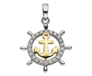 Kettenanhänger JOBO "Anhänger Steuerrad mit Anker 18 mm", goldfarben, weiß, Schmuckanhänger, Damen, Silber 925 (Sterlingsilber), Kettenanhänger, 925 Silber bicolor vergoldet mit 22 Zirkonia (62751753-