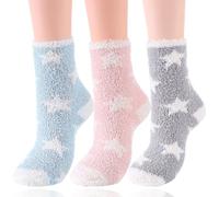 KEWUF 3 Paar Wintersocken Damen, Warme Stoppersocken, Warme Socken, Flauschige Socken Warme Plüschsocken Fuzzy Fluffy Cozy Socks, Antirutschsocken Mit Noppen, Bettsocken(Sterne, Pink, Blau, Grau)