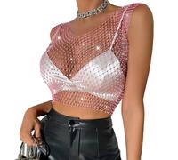 KEWUF Festival oberteil damen glitzerStrass Glänzendes Mesh Körperkette Tops, Funkelnde Bikini Crop Top für Frauen, Schwarze Strasssteine Tops für Nachtclub Party Festival, V-Ausschnitt (S)