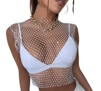 KEWUF Tank Top Damen Mesh Crop Top Durchsichtiges Glänzende Netzshirt Fischnetz Strasssteine Cover Up Kristall Sheer Mesh Top Aushöhlen Sparkle Sexy Pailletten Netzoberteil, Rundhalsausschnitt, Weiß