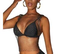 KEWUF Tank Top Damen Mesh Crop Top Durchsichtiges Glänzende Netzshirt Fischnetz Strasssteine Cover Kristall Sheer Mesh Top Aushöhlen Sparkle Pailletten Netzoberteil, Rundhalsausschnitt, Schwarz (S)