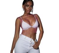 KEWUF Tank Top Damen Mesh Crop Top Durchsichtiges Glänzende Netzshirt Fischnetz Strasssteine Kristall Sheer Mesh Aushöhlen Sparkle Club Wear Sexy Pailletten Netzoberteil, Rundhalsausschnitt, Rosa