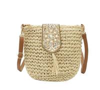 Kexpery Kleine Damen-Umhängetasche aus Stroh mit Quaste (Beige) | Damen-Stroh-Strandtasche mit Quaste, ethnisches Webdesign, Naturmaterialien, Perlenakzente; ideal for Reisen, Strand, Urlaub