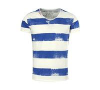 Key Largo Herren T-Shirt AIRLINE Vintage Look Gestreift mit Ziernähten V-Ausschnitt blau XXL