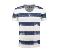 KEY LARGO Herren T-Shirt Airline Vintage Look Gestreift mit Ziernähten V-Ausschnitt, Grösse:S, Farbe:Navy