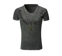 KEY LARGO Herren Vintage Look T-Shirt Independent Kreuz Nieten Print v-Neck tiefer V-Ausschnitt Slimfit, Grösse:XXL, Farbe:Dunkelgrau