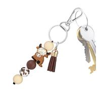 Keychain Bracelet - Cute Cow Silicone Beaded Tassel Keyring Wrist Strap, Kawaii Animal Pendant Charm for Bags and Accessories | Stylish Keychain Bracelet for Women Men Kids Backpack Schoolbag Tote