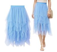 Keyck Damen Tüllrock Elastisch Unregelmäßig Tüll Rock High Waisted Mesh Faltenrock Karneval Kostüm Elegante A Linie Midirock Tutu Mehrschichtig mit Gefüttert für Fasching Party Halloween, Blau