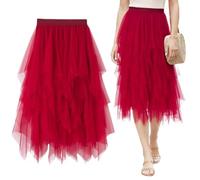 Keyck Damen Tüllrock Elastisch Unregelmäßig Tüll Rock High Waisted Mesh Faltenrock Karneval Kostüm Elegante A Linie Midirock Tutu Mehrschichtig mit Gefüttert für Fasching Party, Burgunderrot