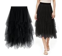 Keyck Damen Tüllrock Elastisch Unregelmäßig Tüll Rock High Waisted Mesh Faltenrock Karneval Kostüm Elegante A Linie Midirock Tutu Mehrschichtig mit Gefüttert für Fasching Party Halloween, Schwarz