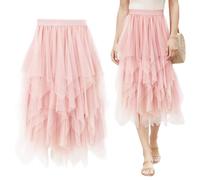Keyck Damen Tüllrock Elastisch Unregelmäßig Tüll Rock High Waisted Mesh Faltenrock Karneval Kostüm Elegante A Linie Midirock Tutu Mehrschichtig mit Gefüttert für Fasching Party Halloween, Rosa