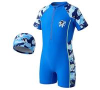 Keyck Jungen Einteiler Schwimmanzug mit Badekappe Kinder Badeanzug Kurzarm Schwimmbekleidung mit Reißverschluss Vorne Cartoon Sommerkleidung Bademode für Strand Pool 9-10 Jahre, Himmelblau