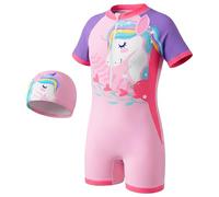 Keyck Mädchen Einteiler Schwimmanzug mit Badekappe Kinder Badeanzug Kurzarm Schwimmbekleidung mit Reißverschluss Vorne Cartoon Sommerkleidung Bademode für Strand Pool 8-9 Jahre, Rosa