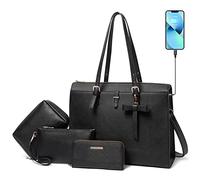 Keyli Laptoptasche für Damen, große PU-Leder, Laptop-Aktentasche mit USB-Ladeanschluss, Computer-Schultertasche, Geldbörse, 4 Stück, schwarz