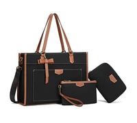 Keyli Laptoptasche für Damen, Segeltuch, Tragetasche, 39,6 cm, großes Fassungsvermögen, Schulterhandtasche, leichte Aktentasche, Geldbörse, 3 Stück, Schwarz, 3 Stück