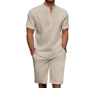 Keyoung COOFANDY Men's 2 Pieces Linen Set Casual Henley Shirts Short Sleeve Beach Yoga Shorts Summer Pants Outfits