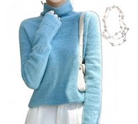 KEYULI Angora Pullover Damen Kaschmir Rollkragenpullover,Damen Kaschmir Mischung Lose Warme Pullover, Damen Solid Rollkragenpullover mit Halskette (Blauer See,2XL (65-75kg))