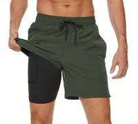 Kfnire Herren 2-in-1 Schnelltrocknende Badeshorts mit Innenhose und Reißverschlusstaschen für Schwimmen, Strand, Lässig in Militärgrün