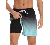 Kfnire Herren Badehose 2-in-1 Schnelltrocknend Badeshorts mit Innenhose und Reißverschlusstaschen für Herren Schwimmhose Männer Badehose in Grün, Größe S, Gestreift, Sport, Schwimmen, Strand, Lässig