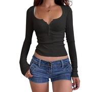 Kfwfuaee Dehnbares Polyester Langarmshirt für Damen, leichtes, warmes, geknöpftes Unterhemd, Büro, lässiger Lagenlook, unverzichtbarer Damenpullover