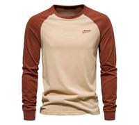 (Khaki, EUR XXL 100-105kg) Men's Clothing Classic Men's T-shirts 100% Cotton Long Sleeve O-neck Pactwork Casual T shirts for Men New Spring Desig
