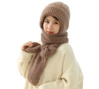 (Khaki)Ladies Winter Hat Knitted Thick Solid Color Double-layered Windproof Warm Soft Ear Protection Elastic Anti-slip Beanie Scarf Combo Women Cap