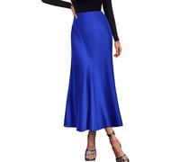 Khaki-Rock, Damen, mittellang, Satin, für Damen, hohe Taille, A-Linie, elegant, lang, aus Seide, für Abendveranstaltungen, Cocktailpartys, Sommer 2024, Rock aus geripptem Samt, blau, XL