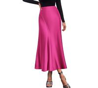 Khaki-Rock, Damen, mittellang, Satin, für Damen, hohe Taille, A-Linie, elegant, lang, aus Seide, für Abendveranstaltungen, Cocktailpartys, Sommer 2024, Rock aus geripptem Samt, Hot Pink, XXL
