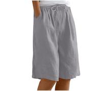 KHIRVWL Bermuda Shorts Damen, Straight Leg High Waist Kurze Hose Knielang Sommer Leinen Musselin Shorts mit Gummizug und Taschen Locker Luftig Einfarbig Leinenshorts für Alltag und Urlaub