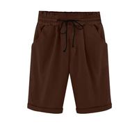 KHIRVWL Kurze Hose Damen Knielang Leinen Musselin Shorts Einfarbig Elegant Bermuda Shorts Slim Fit Damenhose Straight Leg Hose Elastische Hohe Taille mit Kordelzug und Taschen Atmungsaktiv Kurzhose