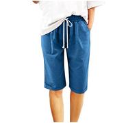 KHIRVWL Kurze Hose Damen Knielang Leinen Musselin Sommershorts Casual Freizeit Shorts Straight Leg Damenhose Bermuda Shorts Elastischer Bund mit Kordelzug und Taschen Atmungsaktiv Leinenshorts