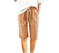 KHIRVWL Kurze Hose Damen Knielang Leinen Musselin Sommershorts Casual Freizeit Shorts Straight Leg Damenhose Bermuda Shorts Elastischer Bund mit Kordelzug und Taschen Atmungsaktiv Leinenshorts