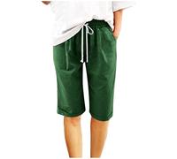 KHIRVWL Kurze Hose Damen Knielang Leinen Musselin Sommershorts Casual Freizeit Shorts Straight Leg Damenhose Bermuda Shorts Elastischer Bund mit Kordelzug und Taschen Atmungsaktiv Leinenshorts