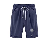KHIRVWL Kurze Hose Damen, Musselin Kurze Hose Leicht Leinenshorts Blumendruck Hohe Taille Straight Leg Bermuda Shorts Elastisch High Waist mit Seitentaschen und Kordelzug Slim Fit Outdoor Shorts