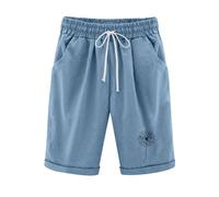 KHIRVWL Kurze Hose Damen, Musselin Kurze Hose Leicht Leinenshorts Blumendruck Hohe Taille Straight Leg Bermuda Shorts Elastisch High Waist mit Seitentaschen und Kordelzug Slim Fit Outdoor Shorts