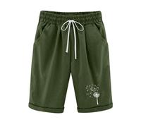 KHIRVWL Kurze Hose Damen, Musselin Kurze Hose Leicht Leinenshorts Blumendruck Hohe Taille Straight Leg Bermuda Shorts Elastisch High Waist mit Seitentaschen und Kordelzug Slim Fit Outdoor Shorts