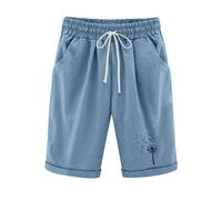 KHIRVWL Kurze Hose Damen, Musselin Kurze Hose Leicht Leinenshorts Blumendruck Hohe Taille Straight Leg Bermuda Shorts Elastisch High Waist mit Seitentaschen und Kordelzug Slim Fit Outdoor Shorts