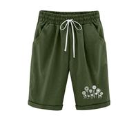 KHIRVWL Kurze Hose Damen, Musselin Kurze Hose Leicht Leinenshorts Blumendruck Hohe Taille Straight Leg Bermuda Shorts Elastisch High Waist mit Seitentaschen und Kordelzug Slim Fit Outdoor Shorts