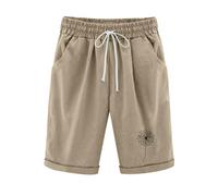 KHIRVWL Kurze Hose Damen, Musselin Kurze Hose Leicht Leinenshorts Blumendruck Hohe Taille Straight Leg Bermuda Shorts Elastisch High Waist mit Seitentaschen und Kordelzug Slim Fit Outdoor Shorts