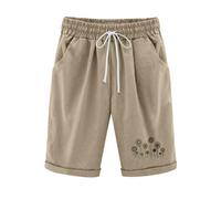 KHIRVWL Kurze Hose Damen, Musselin Kurze Hose Leicht Leinenshorts Blumendruck Hohe Taille Straight Leg Bermuda Shorts Elastisch High Waist mit Seitentaschen und Kordelzug Slim Fit Outdoor Shorts