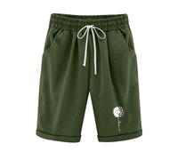 KHIRVWL Kurze Hose Damen, Musselin Kurze Hose Leicht Leinenshorts Blumendruck Hohe Taille Straight Leg Bermuda Shorts Elastisch High Waist mit Seitentaschen und Kordelzug Slim Fit Outdoor Shorts
