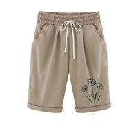 KHIRVWL Kurze Hose Damen, Musselin Kurze Hose Leicht Leinenshorts Hohe Taille Straight Leg Bermuda Shorts Elastisch High Waist mit Seitentaschen und Kordelzug Blumendruck Slim Fit Freizeitshorts