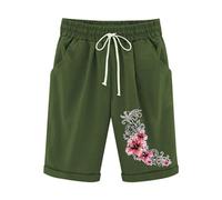 KHIRVWL Leinen Shorts Damen Musselin Kurze Hose Leinenshorts High Waist Straight Leg Bermuda Shorts Elastisch High Waist mit Seitentaschen und Kordelzug Blumendruck Slim Fit Freizeitshorts