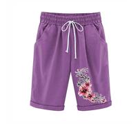 KHIRVWL Leinen Shorts Damen Musselin Kurze Hose Leinenshorts High Waist Straight Leg Bermuda Shorts Elastisch High Waist mit Seitentaschen und Kordelzug Blumendruck Slim Fit Freizeitshorts