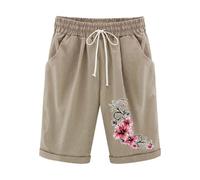 KHIRVWL Leinen Shorts Damen Musselin Kurze Hose Leinenshorts High Waist Straight Leg Bermuda Shorts Elastisch High Waist mit Seitentaschen und Kordelzug Blumendruck Slim Fit Freizeitshorts