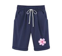 KHIRVWL Leinen Shorts Damen Musselin Kurze Hose Leinenshorts High Waist Straight Leg Bermuda Shorts Elastisch High Waist mit Seitentaschen und Kordelzug Blumendruck Slim Fit Freizeitshorts