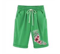 KHIRVWL Leinen Shorts Damen Musselin Kurze Hose Leinenshorts High Waist Straight Leg Bermuda Shorts Elastisch High Waist mit Seitentaschen und Kordelzug Blumendruck Slim Fit Freizeitshorts