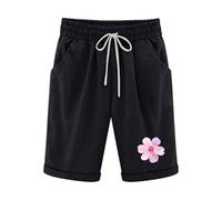 KHIRVWL Leinen Shorts Damen Musselin Kurze Hose Leinenshorts High Waist Straight Leg Bermuda Shorts Elastisch High Waist mit Seitentaschen und Kordelzug Blumendruck Slim Fit Freizeitshorts